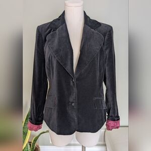 Black Cotton Velvet Blazer with Fold-Back Cuff Detail Size 14 See Measurements